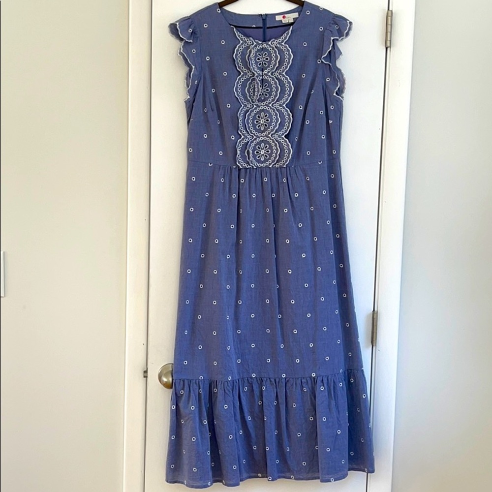 Boden maxi denim blue /white dress with embroidery